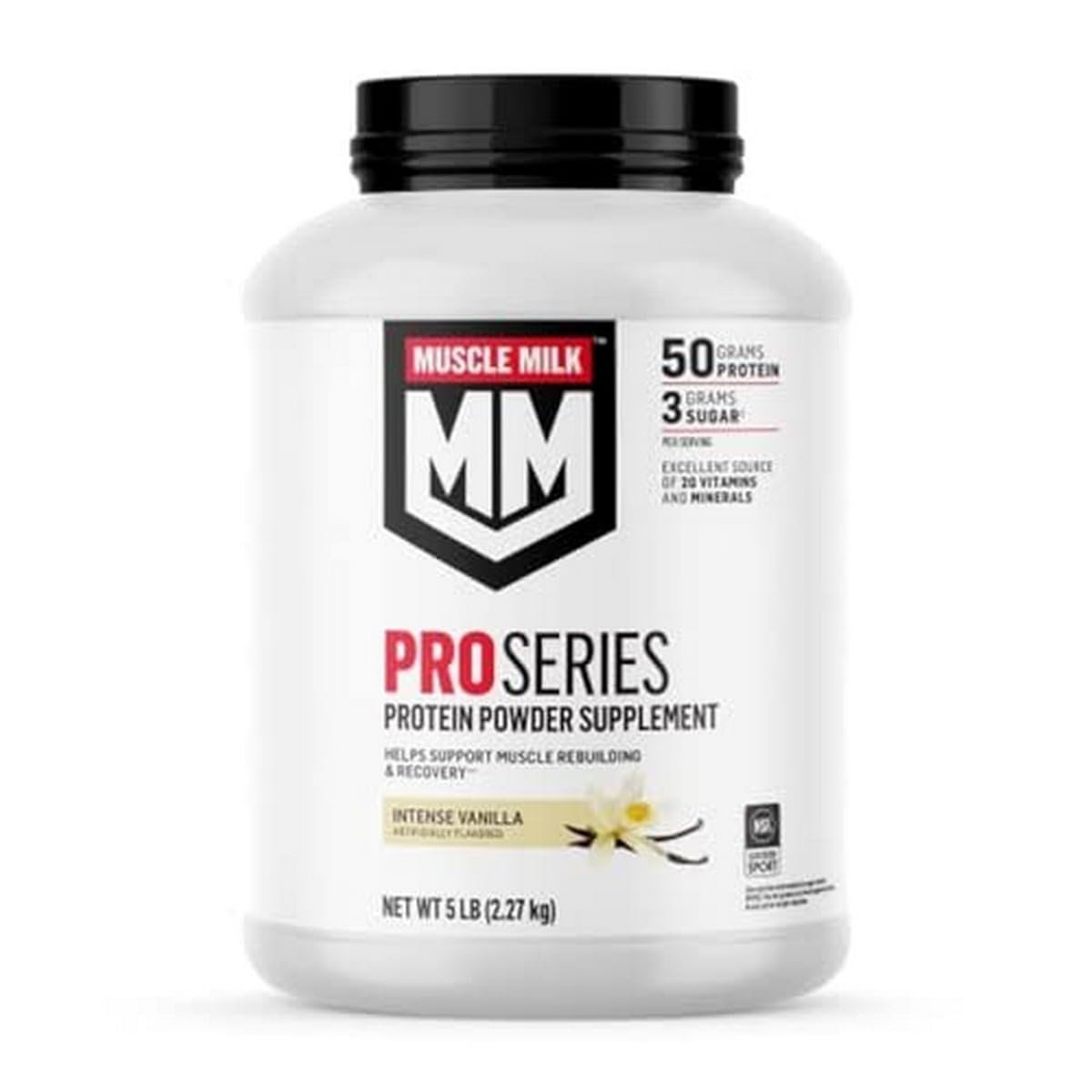 Muscle Milk Pro Series Protein Powder Supplement, Intense Vanilla, 5 Pound, 28 Servings, 50g Protein, 3g Sugar, 20 Vitamins & Minerals, NSF Certified for Sport, Workout Recovery, Packaging May Vary